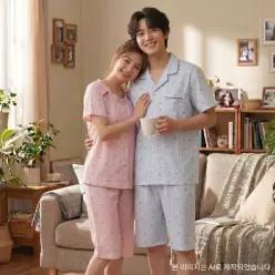 [롯데백화점]비비안 순면 60수 리본패턴 여름 여성 남성 커플 잠옷 세트-BS(WP8898RMP8898B)