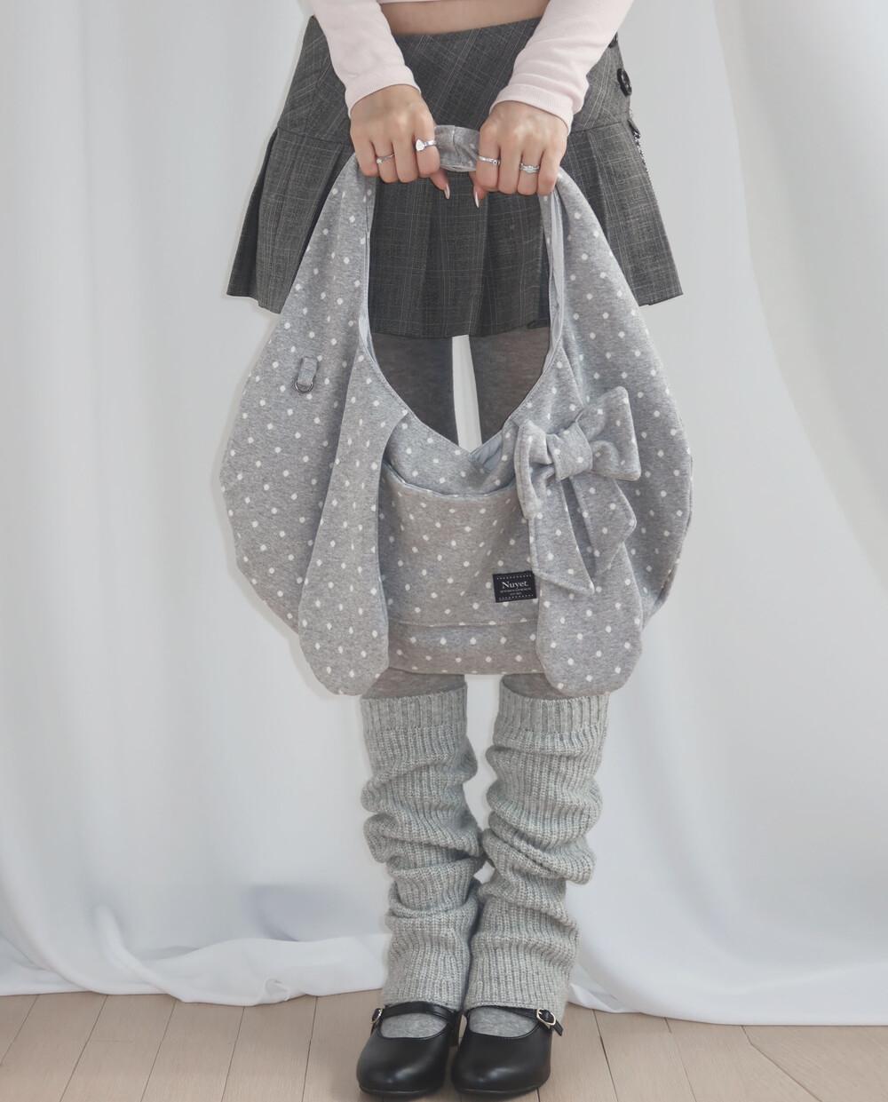 Bunny Ribbon Hobo Bag _ Grey Polka Dot