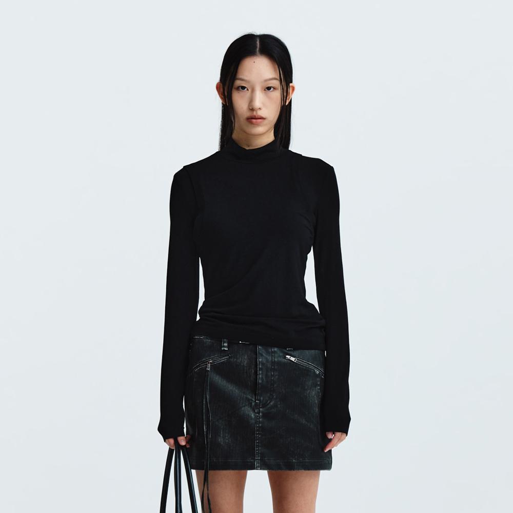 RIB LAYERED HALF NECK LONG SLEEVE TOP IN BLACK