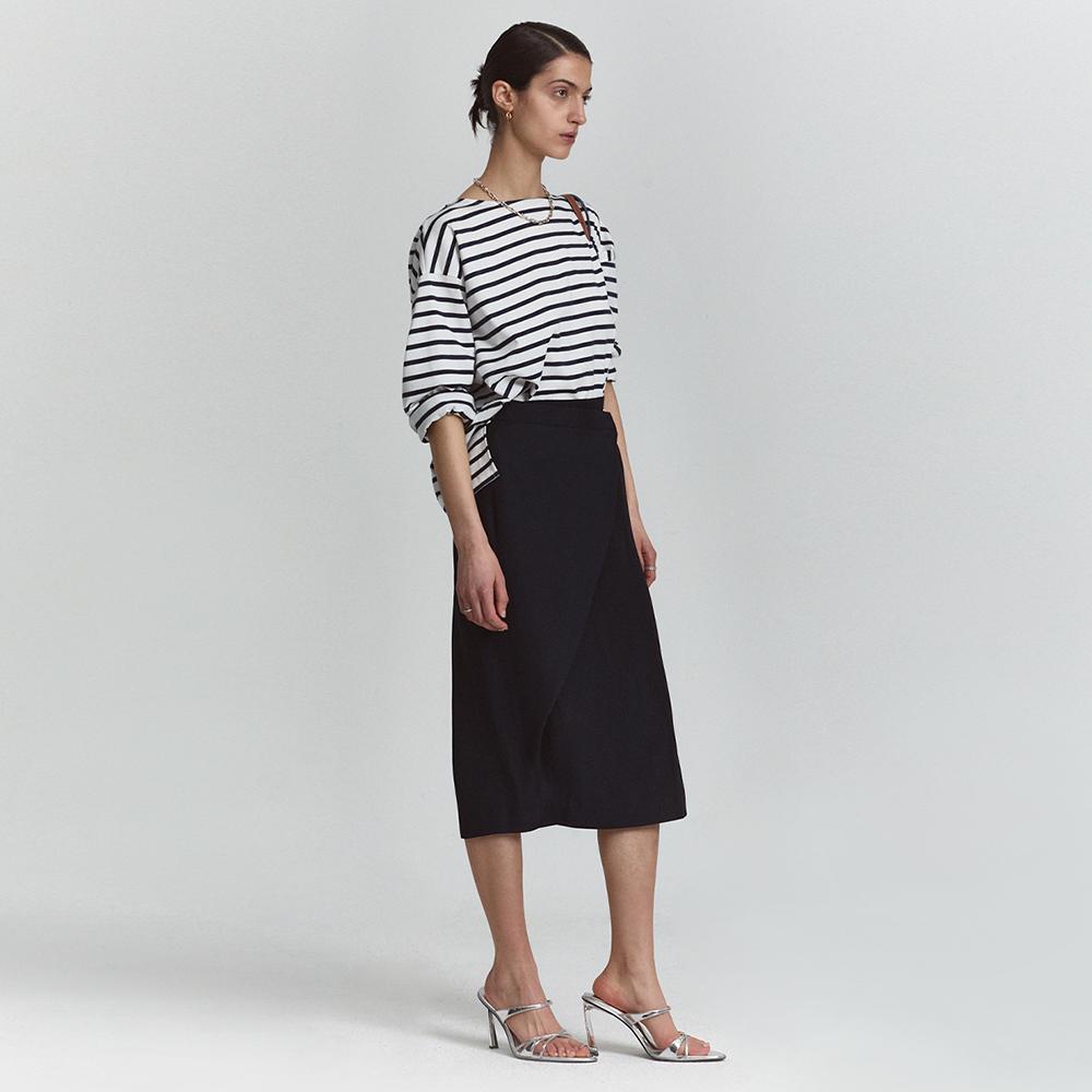 LINEN BLEND LIGHT FRESH WRAP SKIRT_NAVY