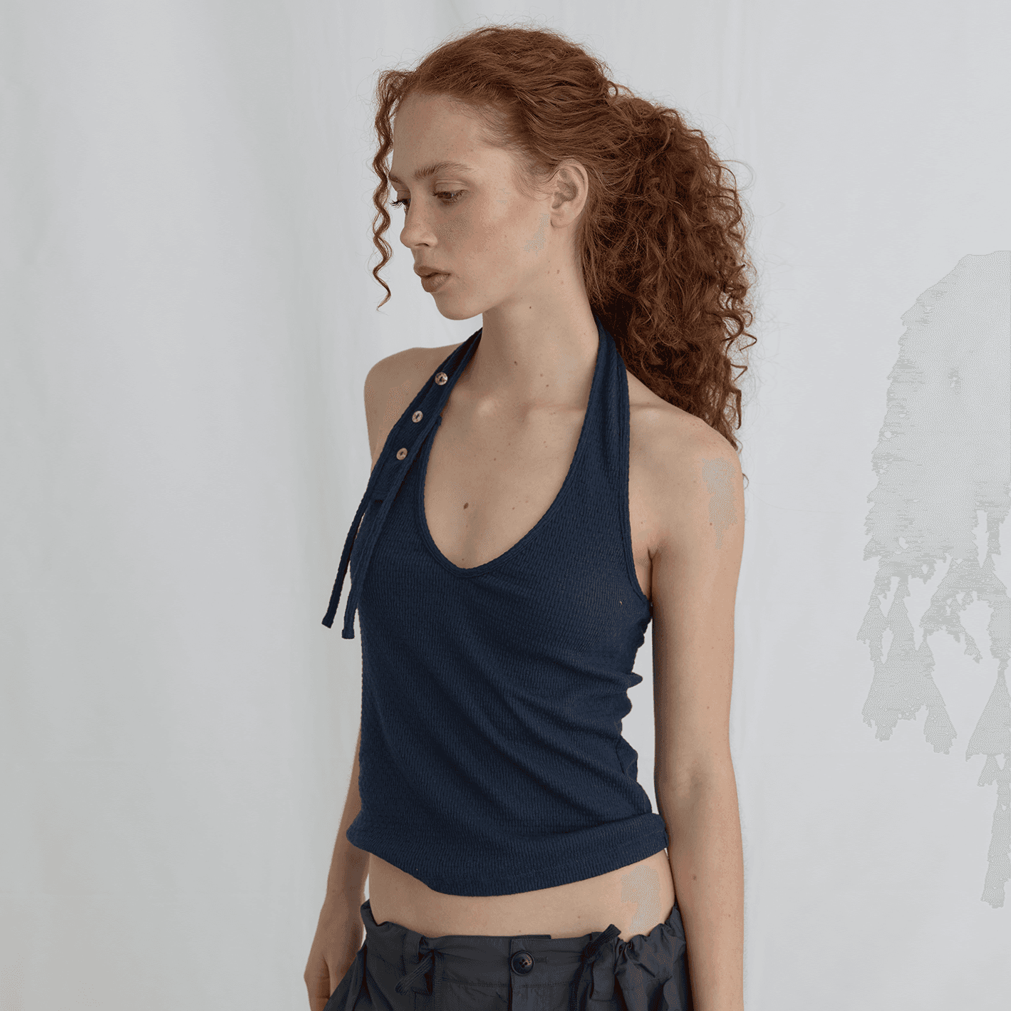[38TH RESTOCK] SHELL BUTTON HALTER SLEEVELESS - NAVY