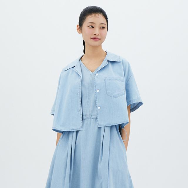 (SET-상의)오픈 카라 데님 크랍 셔츠 AR2DB565