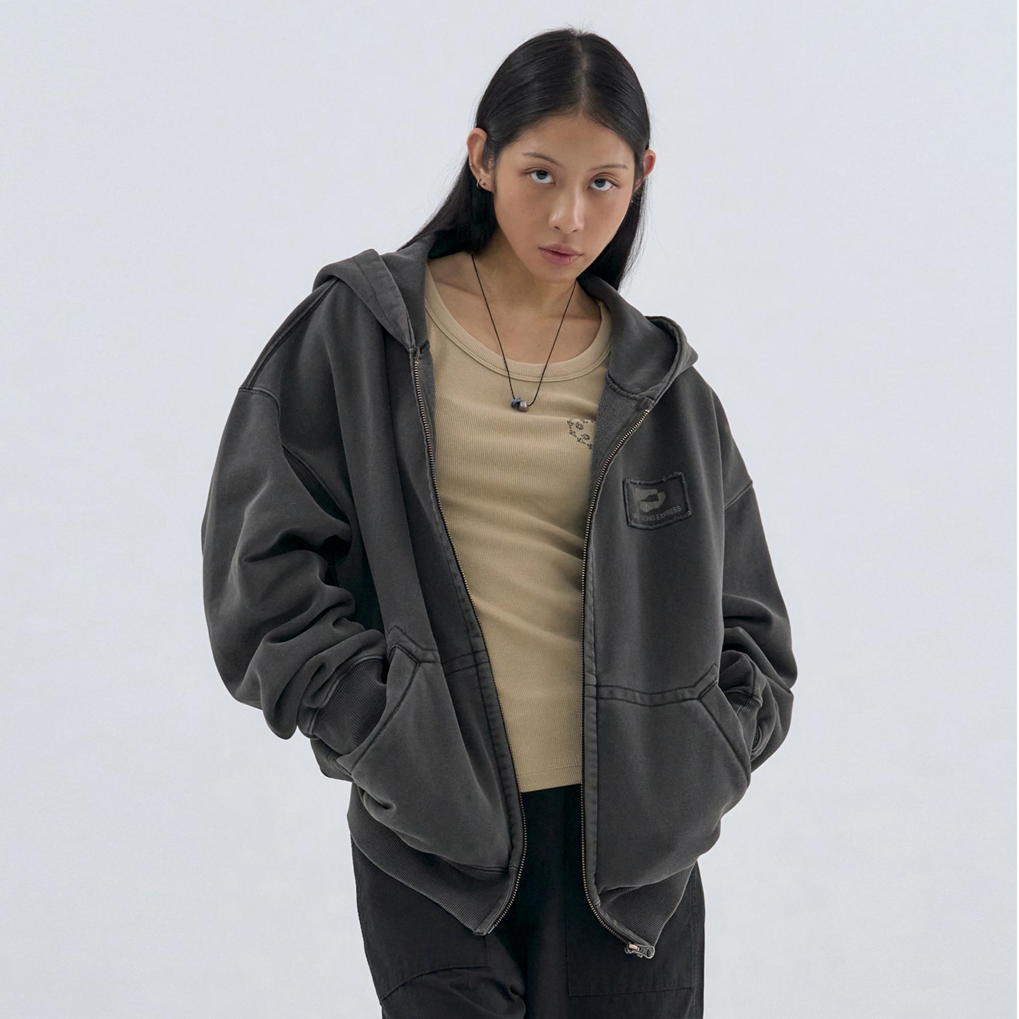 Logo Patch Zipup Hoodie Dark Brown