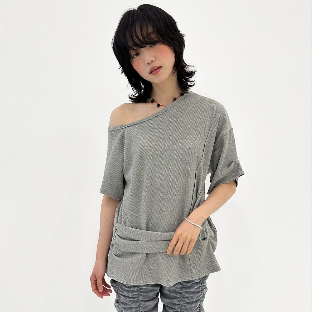 Textured Ruched Off Shoulder Short Sleeve Top [Gray]