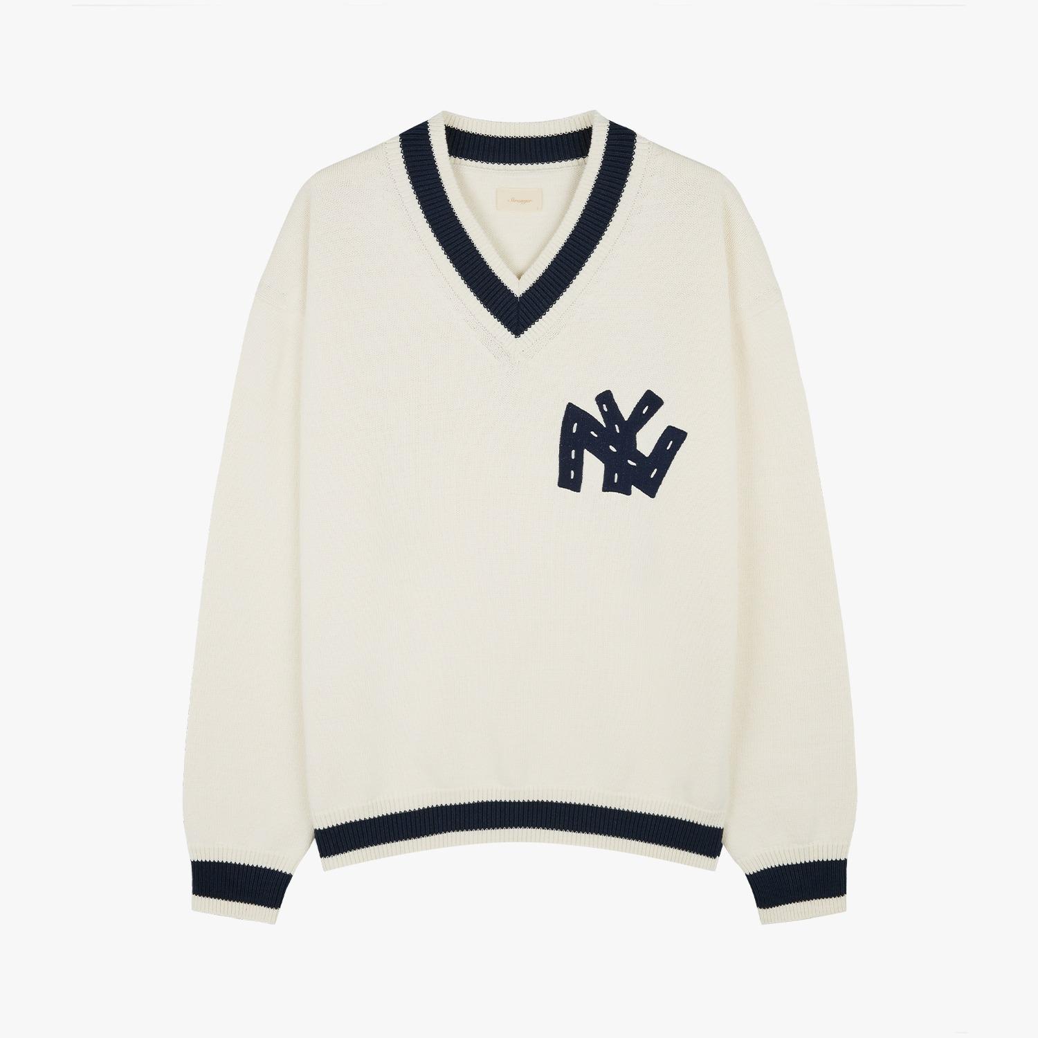 Stranger Relaxed Fit NY Embroidery V-Neck Knit (Ivory)