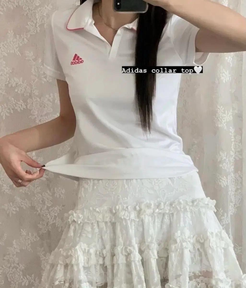 아디다스 화이트 핑크 카라 반팔티