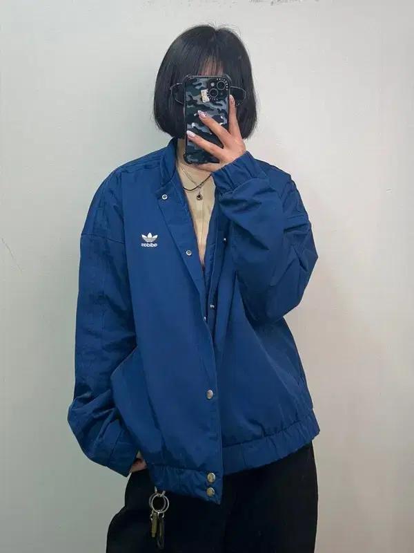 라지 아디다스 빈티지 자수 로고 블루종 자켓 블루