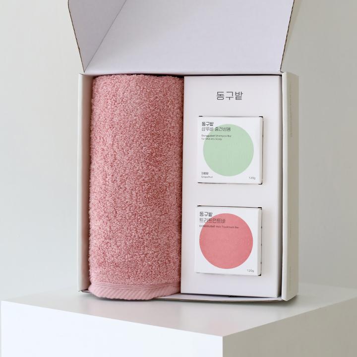 헤스티지 180g 호텔수건 1P+동구밭 헤어케어 선물세트 (중건성 샴푸바+트리트먼트바)